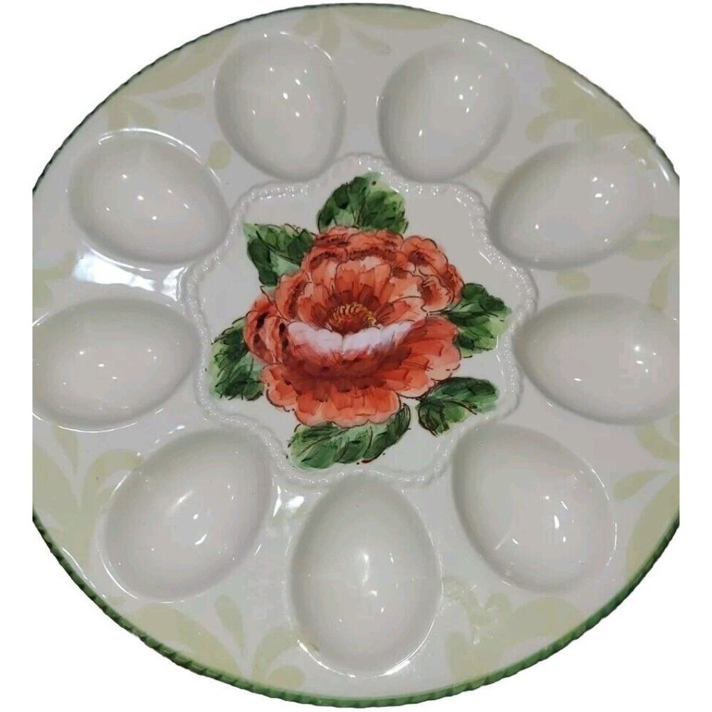 Vintage Deviled Egg Plate Cabbage Red Rose Green Accents 3D Design Excellent